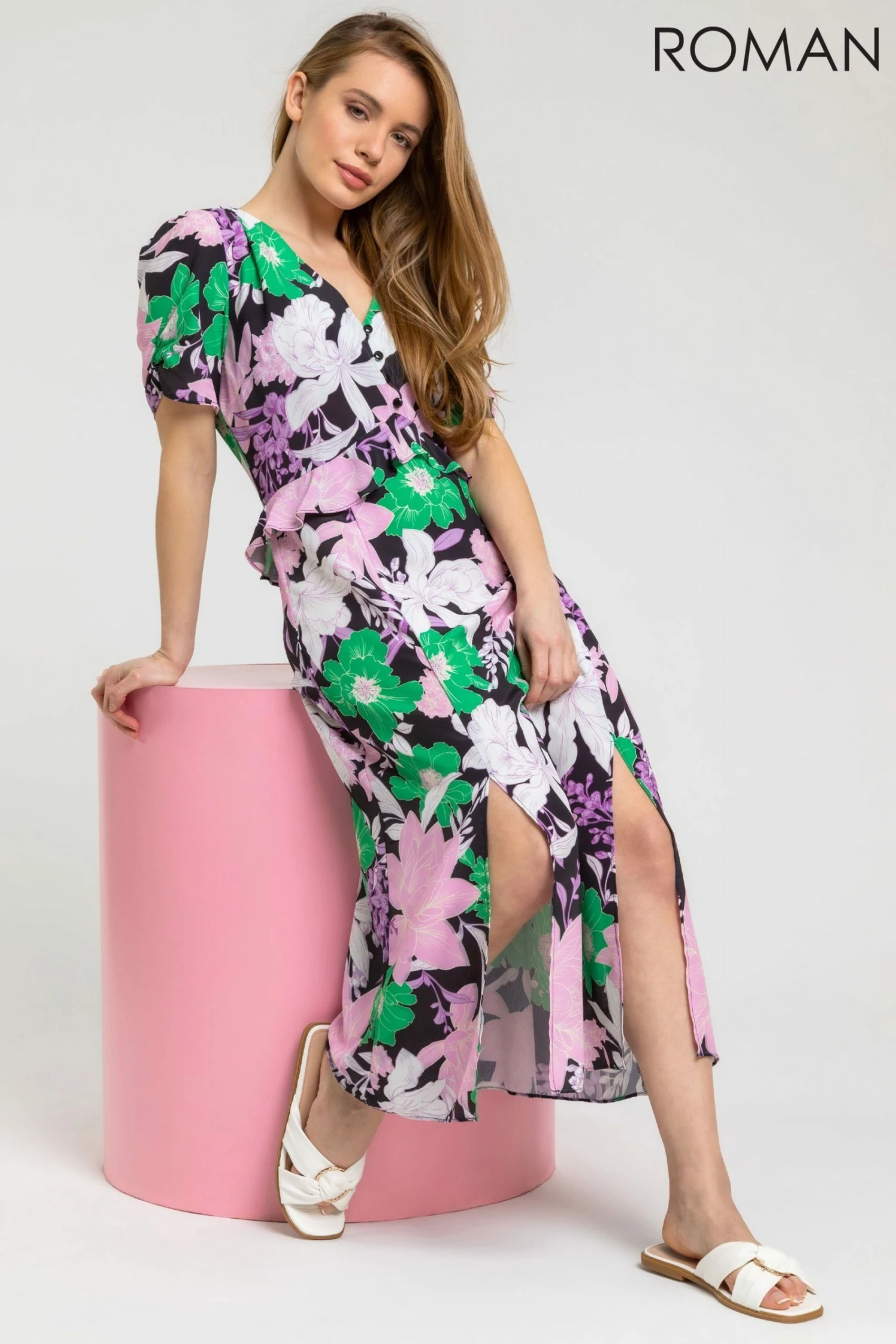 Roman Green Petite Frill Waist Floral Midi Dress 6 Roman Green Petite Frill Waist Floral Midi Dress - Image 4