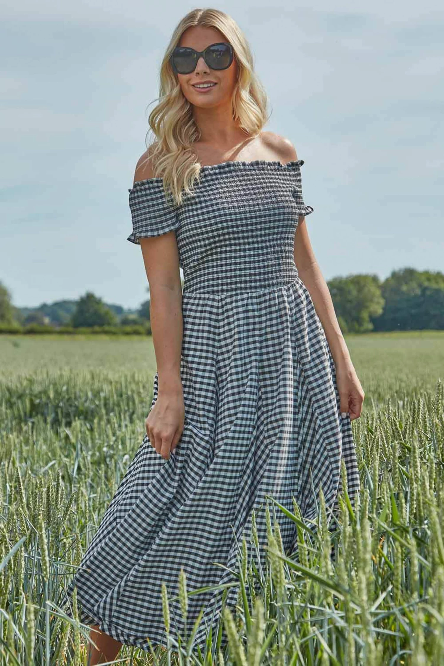 Roman Black Gingham Bardot Fit And Flare Dress 5 Roman Black Gingham Bardot Fit And Flare Dress - Image 3