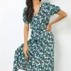 Roman Black & Green Floral Print Button Down Midi Dress