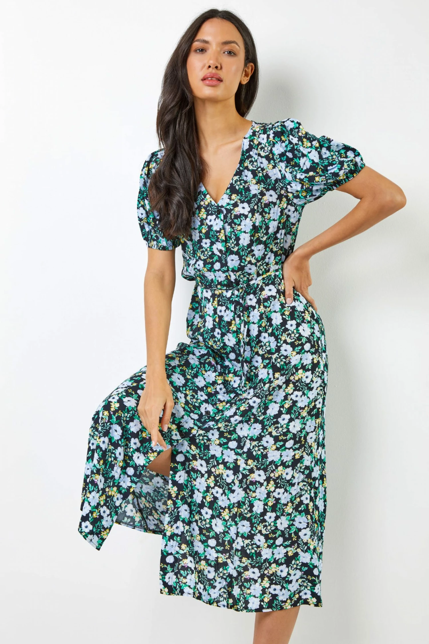Roman Black & Green Floral Print Button Down Midi Dress 3 Roman Black & Green Floral Print Button Down Midi Dress