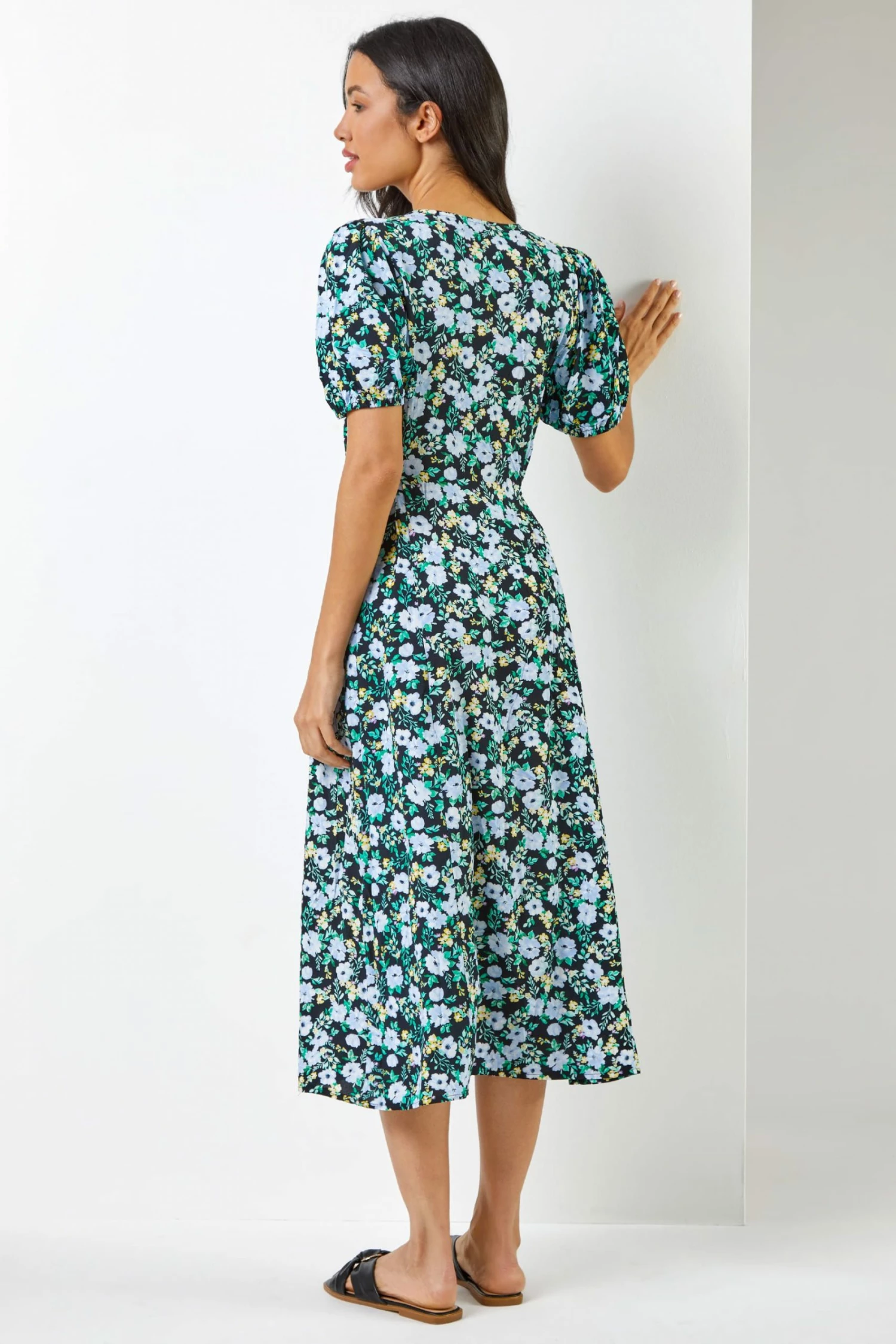 Roman Black & Green Floral Print Button Down Midi Dress 4 Roman Black & Green Floral Print Button Down Midi Dress - Image 2