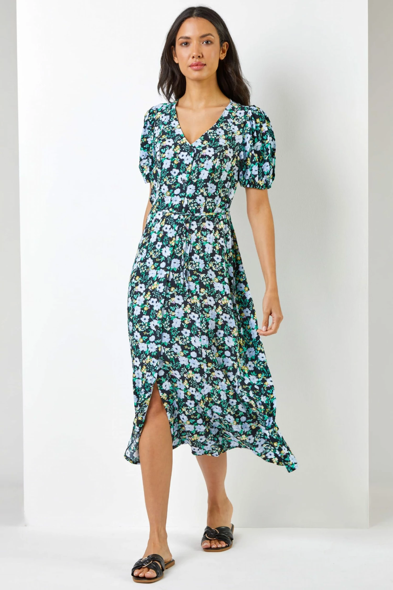 Roman Black & Green Floral Print Button Down Midi Dress 5 Roman Black & Green Floral Print Button Down Midi Dress - Image 3