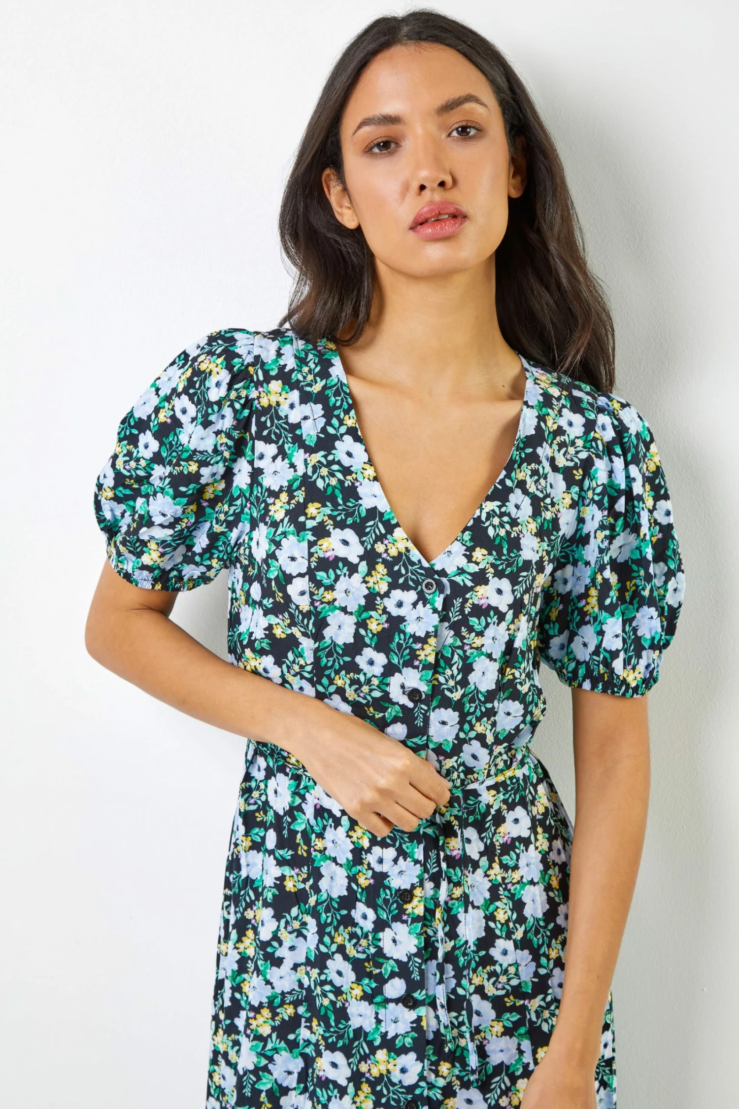 Roman Black & Green Floral Print Button Down Midi Dress 6 Roman Black & Green Floral Print Button Down Midi Dress - Image 4