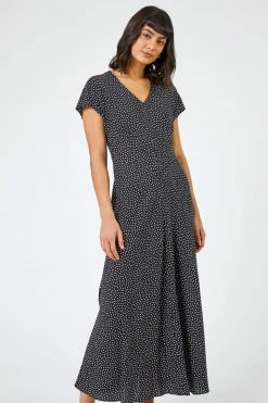 Roman Black Spot Print Fit & Flare Maxi Dress
