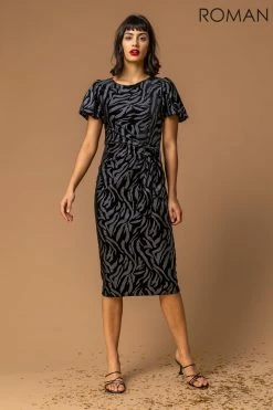 Roman Black Animal Print Velvet Dress