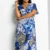 Roman Blue Petite Geo Floral Frill Wrap Dress