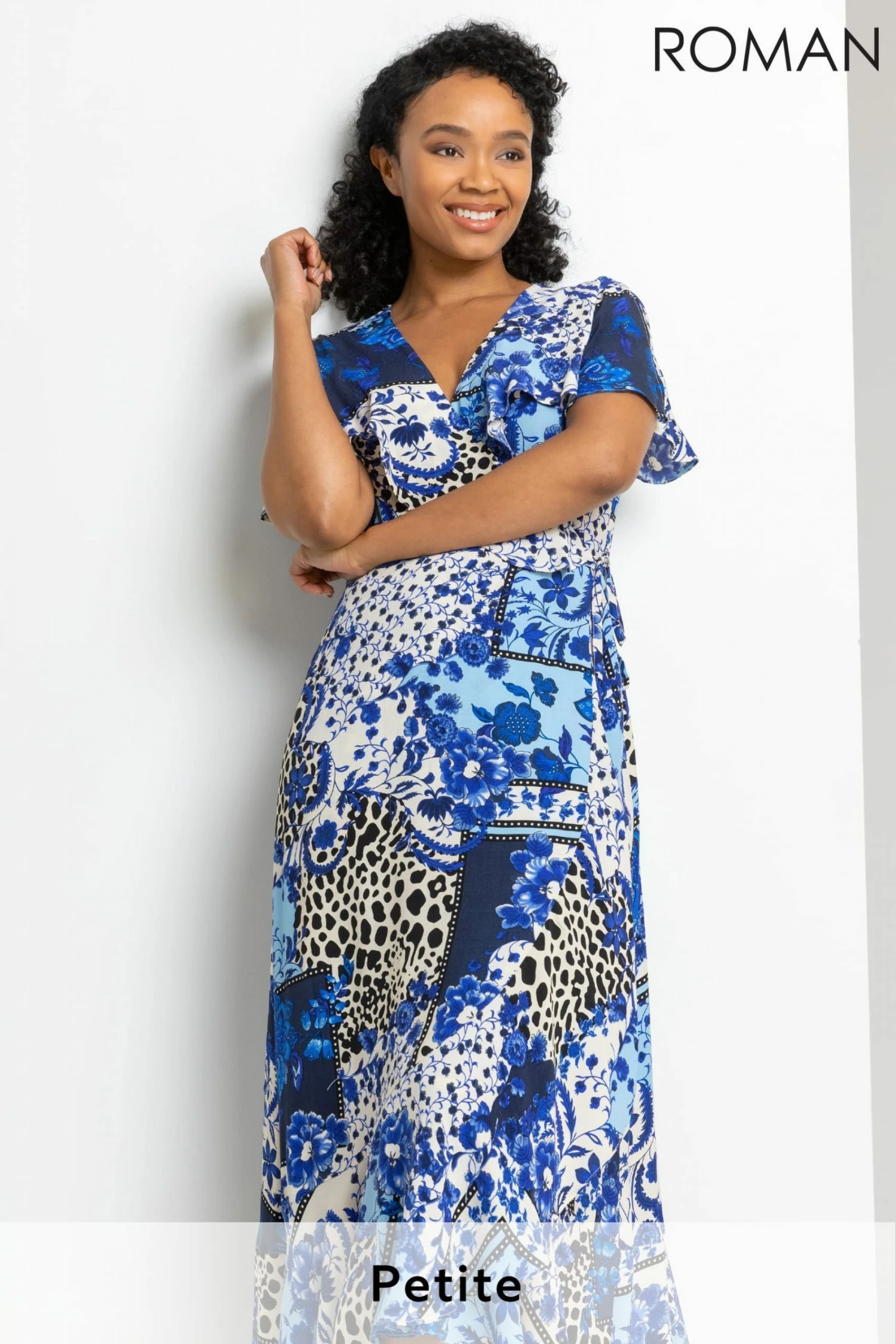 Roman Blue Petite Geo Floral Frill Wrap Dress 3 Roman Blue Petite Geo Floral Frill Wrap Dress