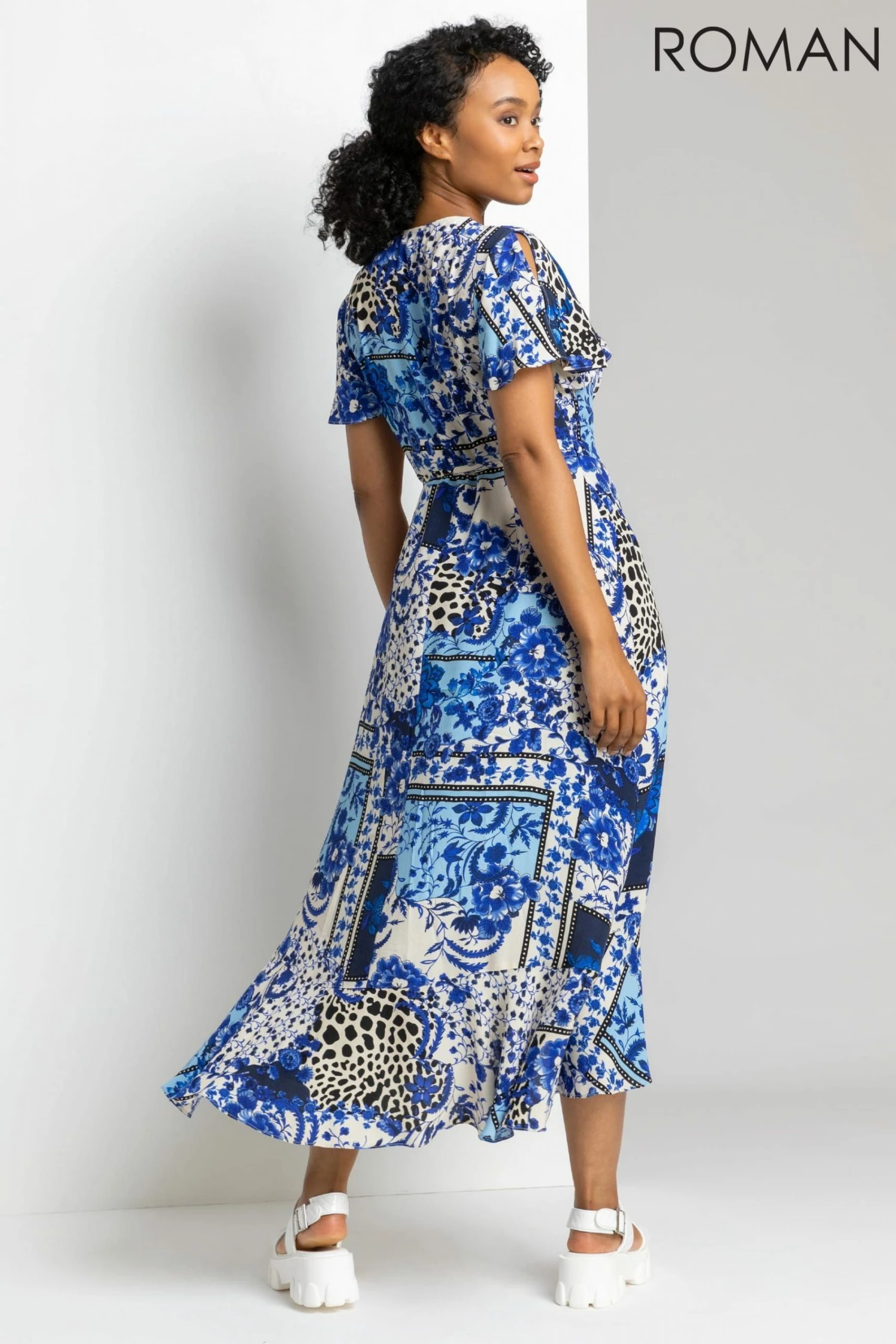 Roman Blue Petite Geo Floral Frill Wrap Dress 4 Roman Blue Petite Geo Floral Frill Wrap Dress - Image 2