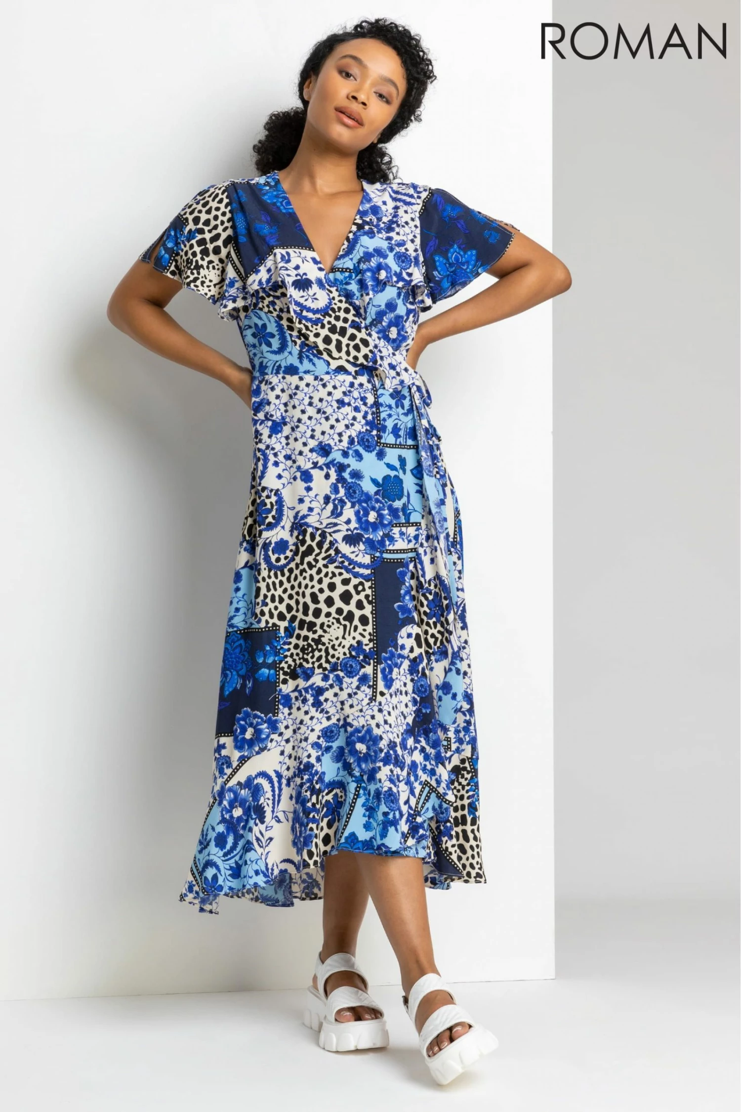 Roman Blue Petite Geo Floral Frill Wrap Dress 5 Roman Blue Petite Geo Floral Frill Wrap Dress - Image 3