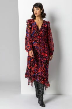 Roman RED Abstract Butterfly Chiffon Midi Dress