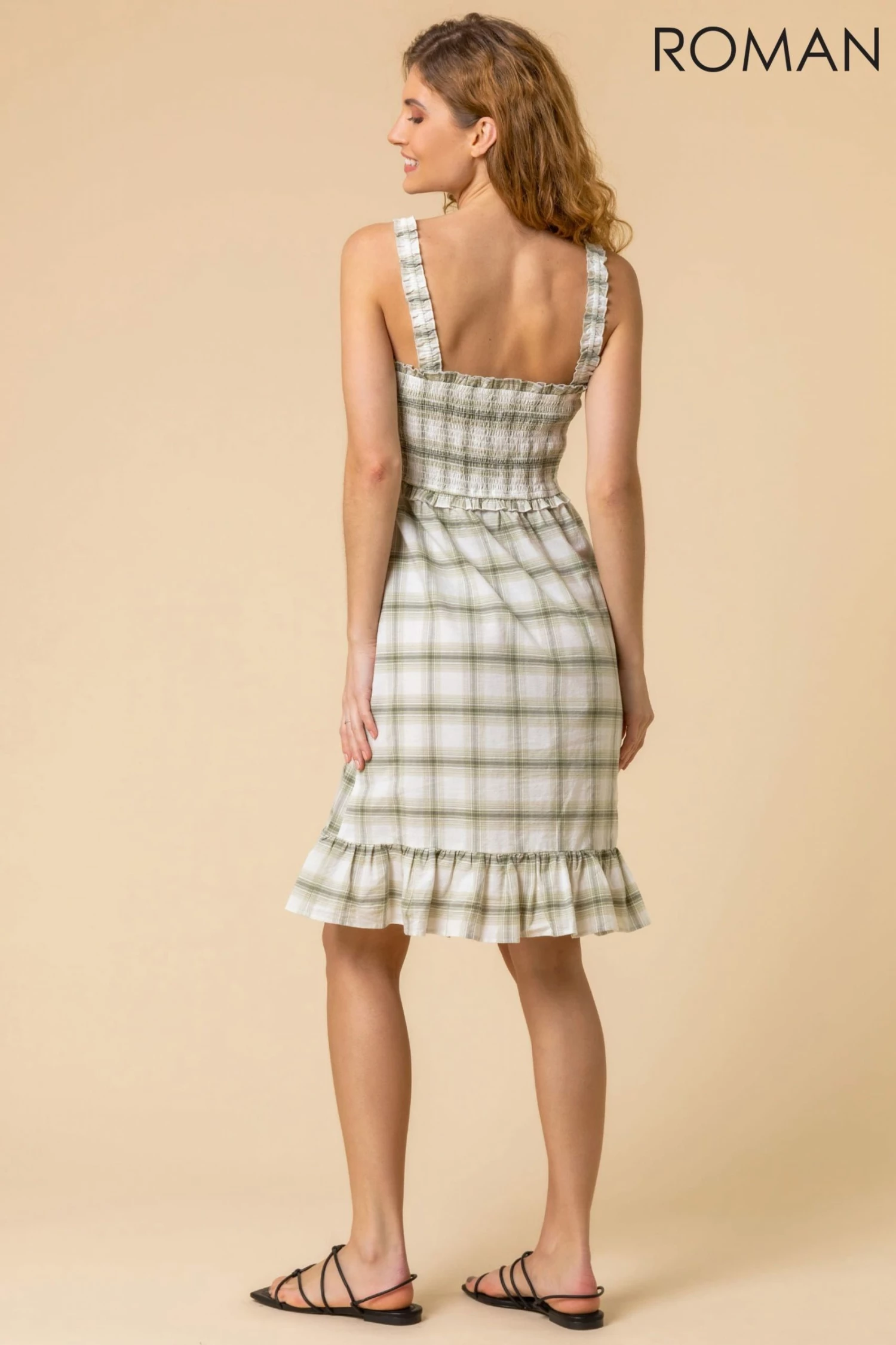 Roman Green Shirred Check Print Frill Hem Dress 4 Roman Green Shirred Check Print Frill Hem Dress - Image 2