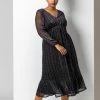 Roman Black Curve Metallic Plisse Frill Hem Dress