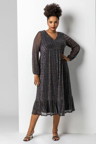 Roman Black Curve Metallic Plisse Frill Hem Dress 9 Roman Black Curve Metallic Plisse Frill Hem Dress - Image 7