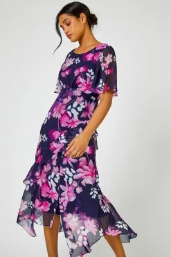 Roman Navy & Pink Floral Print Frill Detail Midi Dress