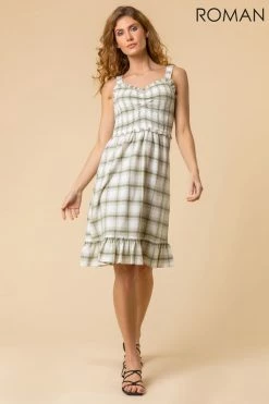 Roman Green Shirred Check Print Frill Hem Dress 9 Roman Green Shirred Check Print Frill Hem Dress -Roman Sales Shop unnamed file 146