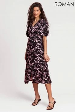 Roman Pink Floral Lace Detail Fit & Flare Midi Dress