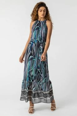 Roman Blue Abstract Stripe Print Halterneck Dress