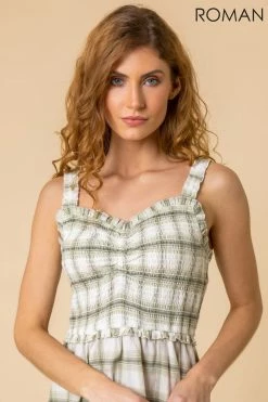 Roman Green Shirred Check Print Frill Hem Dress 10 Roman Green Shirred Check Print Frill Hem Dress -Roman Sales Shop unnamed file 147