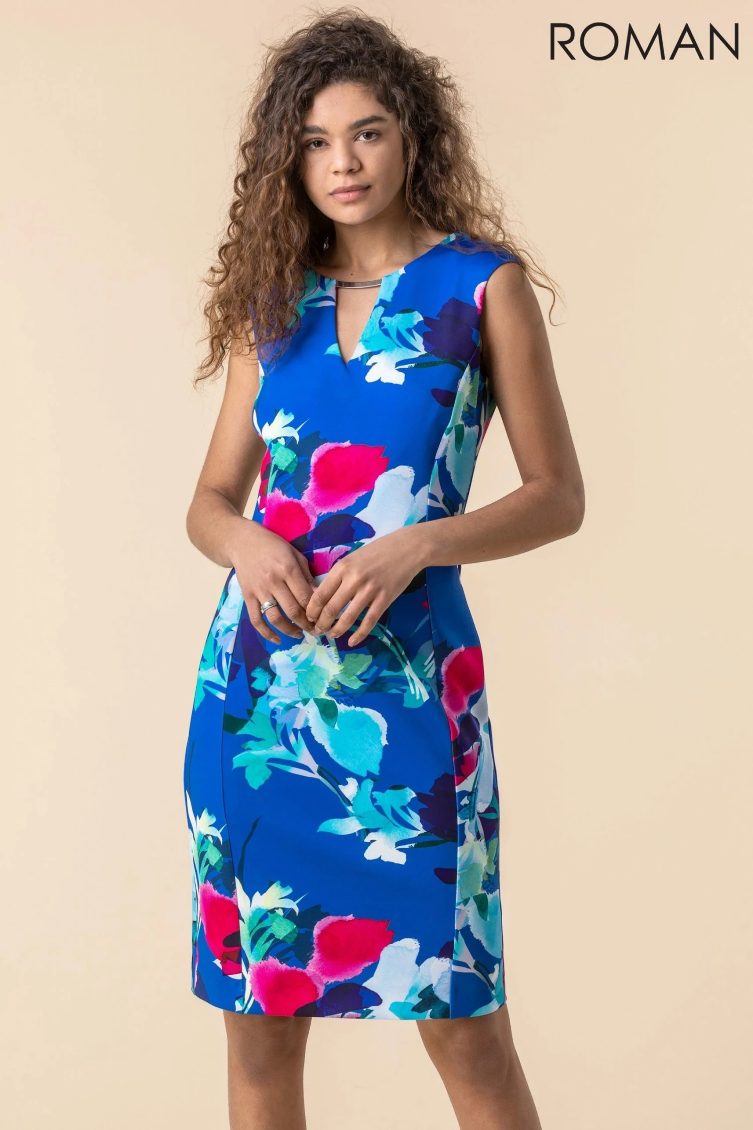Roman Blue Floral Print Scuba Dress 5 Roman Blue Floral Print Scuba Dress - Image 3