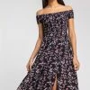 Roman Black Shirred Floral Print Bardot Dress