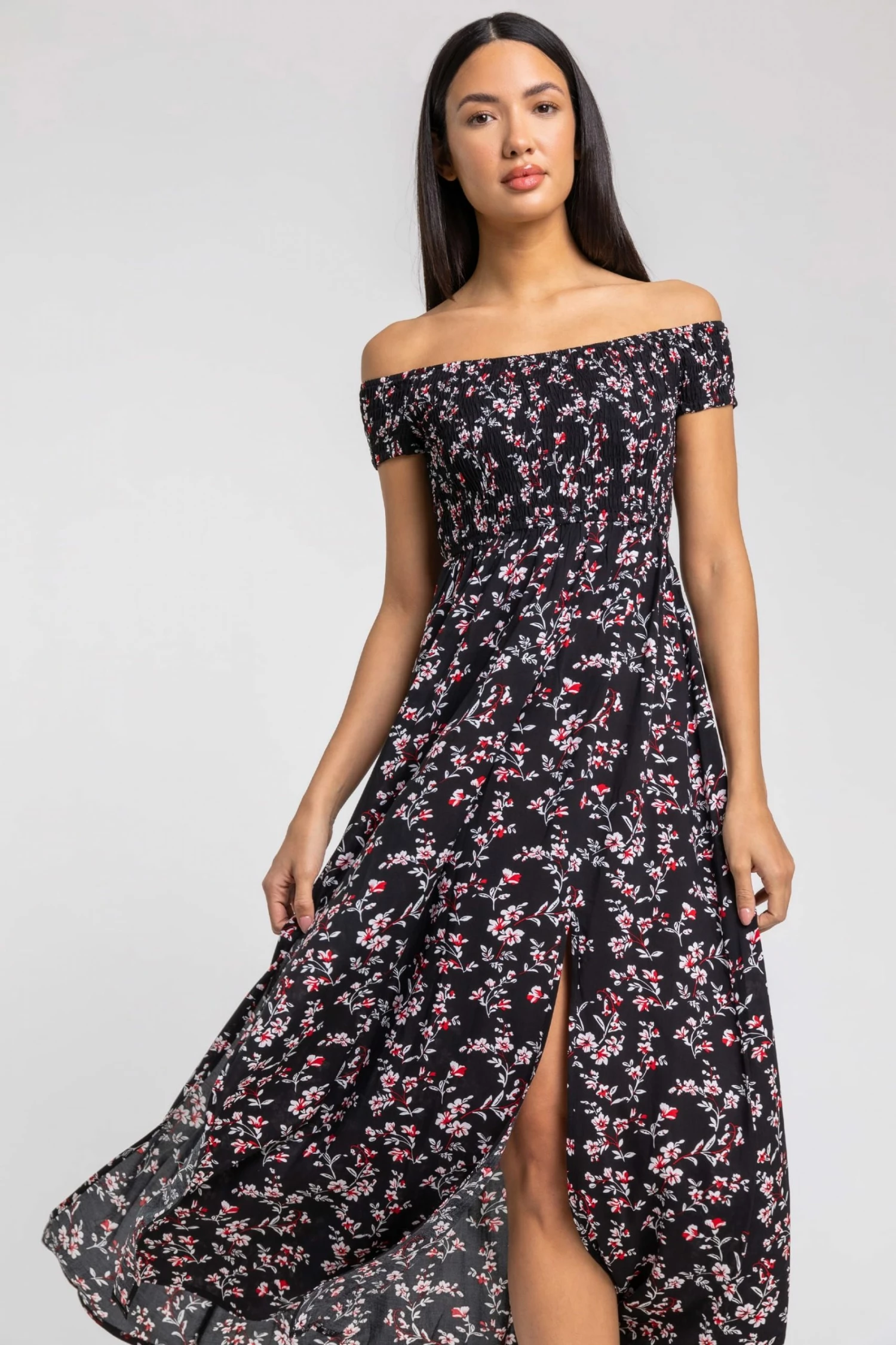 Roman Black Shirred Floral Print Bardot Dress 3 Roman Black Shirred Floral Print Bardot Dress