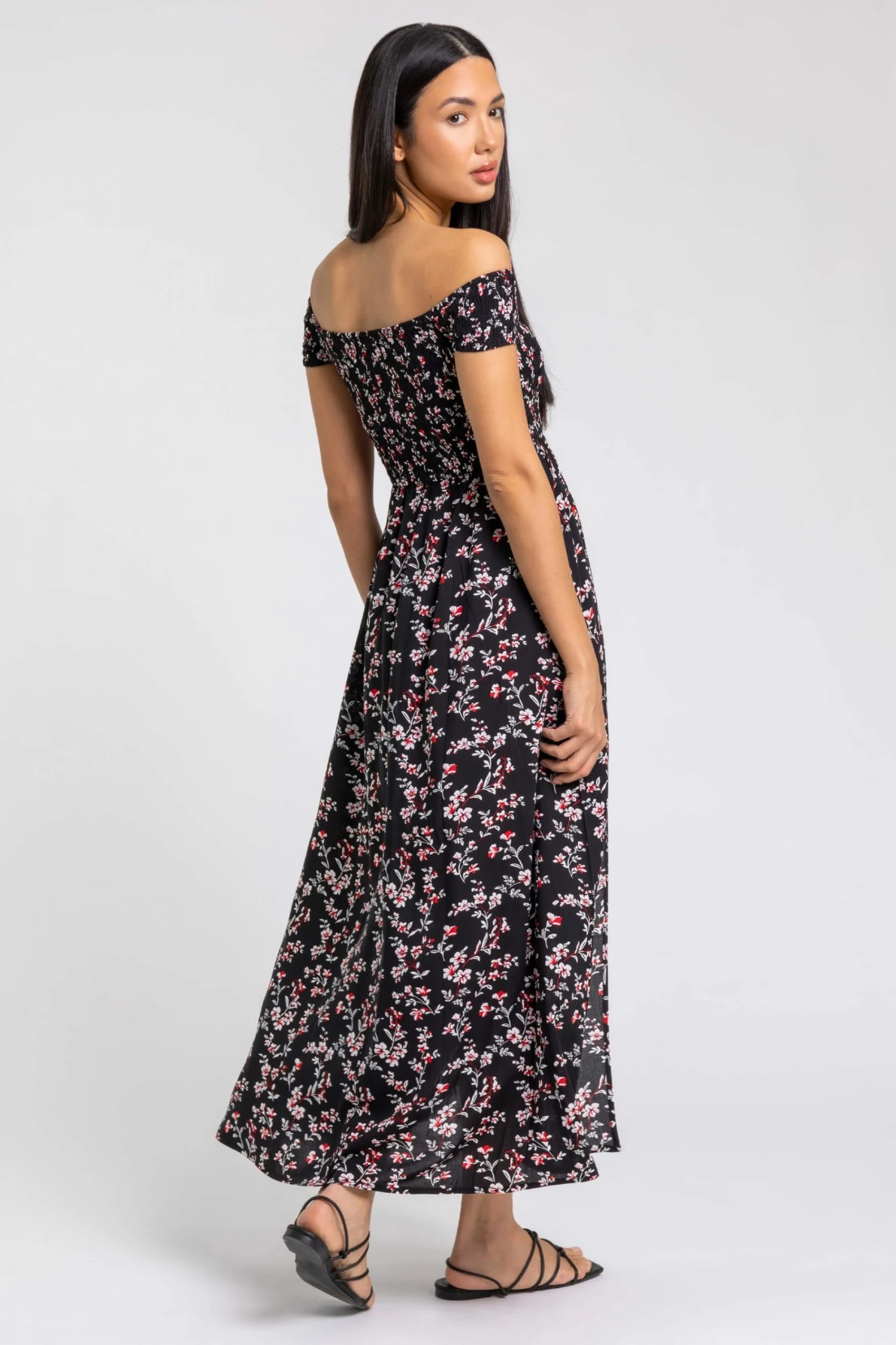 Roman Black Shirred Floral Print Bardot Dress 4 Roman Black Shirred Floral Print Bardot Dress - Image 2
