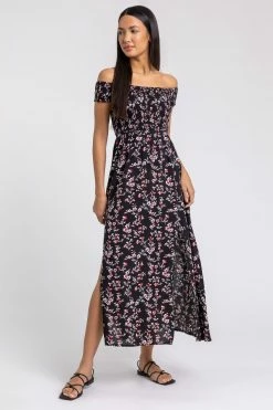 Roman Black Shirred Floral Print Bardot Dress 9 Roman Black Shirred Floral Print Bardot Dress -Roman Sales Shop unnamed file 1485