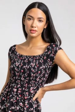 Roman Black Shirred Floral Print Bardot Dress 10 Roman Black Shirred Floral Print Bardot Dress -Roman Sales Shop unnamed file 1486