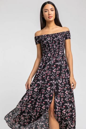 Roman Black Shirred Floral Print Bardot Dress 7 Roman Black Shirred Floral Print Bardot Dress - Image 5