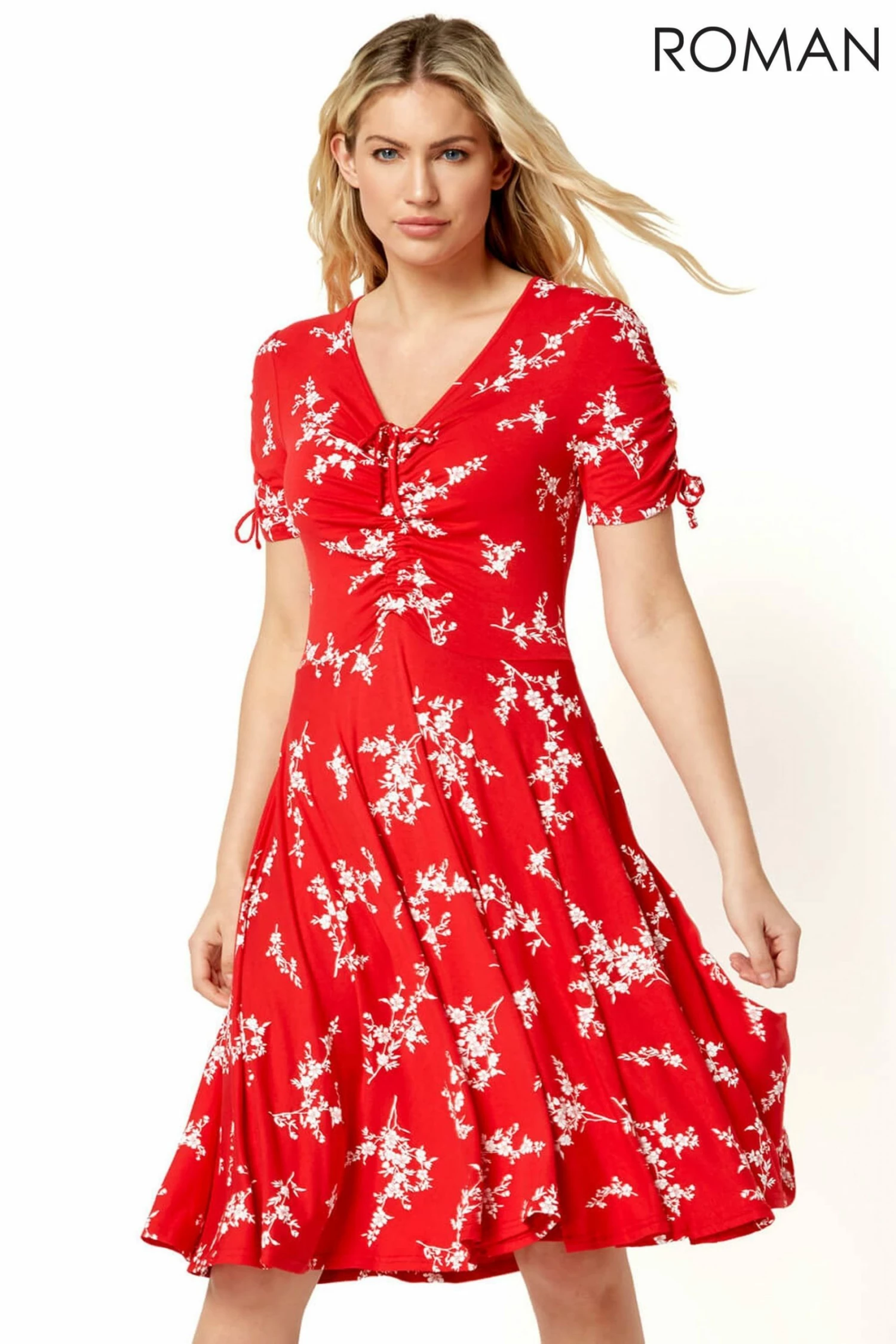 Roman Red Floral V Neck Tea Dress 3 Roman Red Floral V Neck Tea Dress