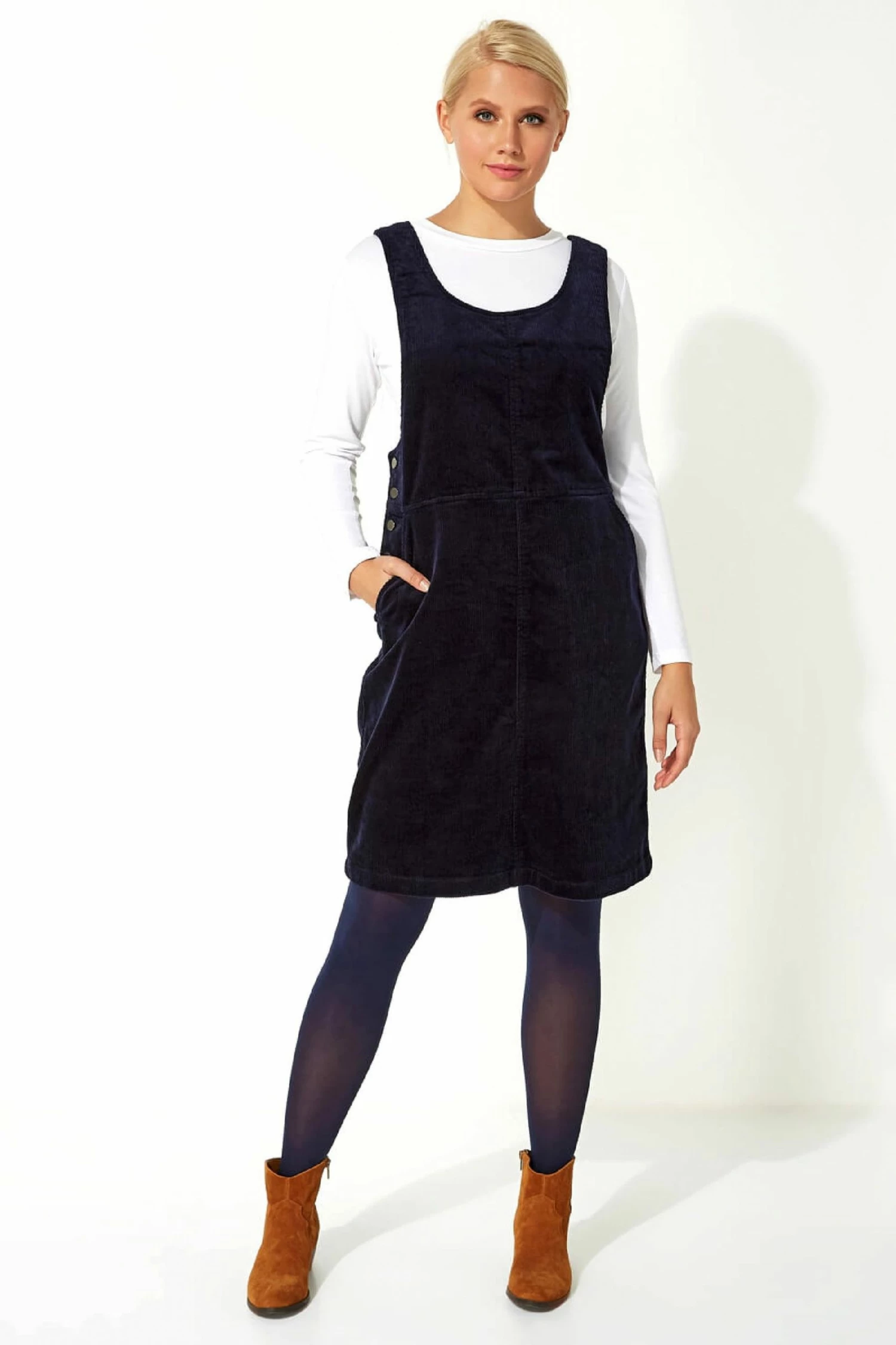 Roman Blue Button Corduroy Pinafore Dress 3 Roman Blue Button Corduroy Pinafore Dress