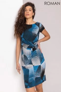 Roman Blue Geo Print Twist Waist Dress