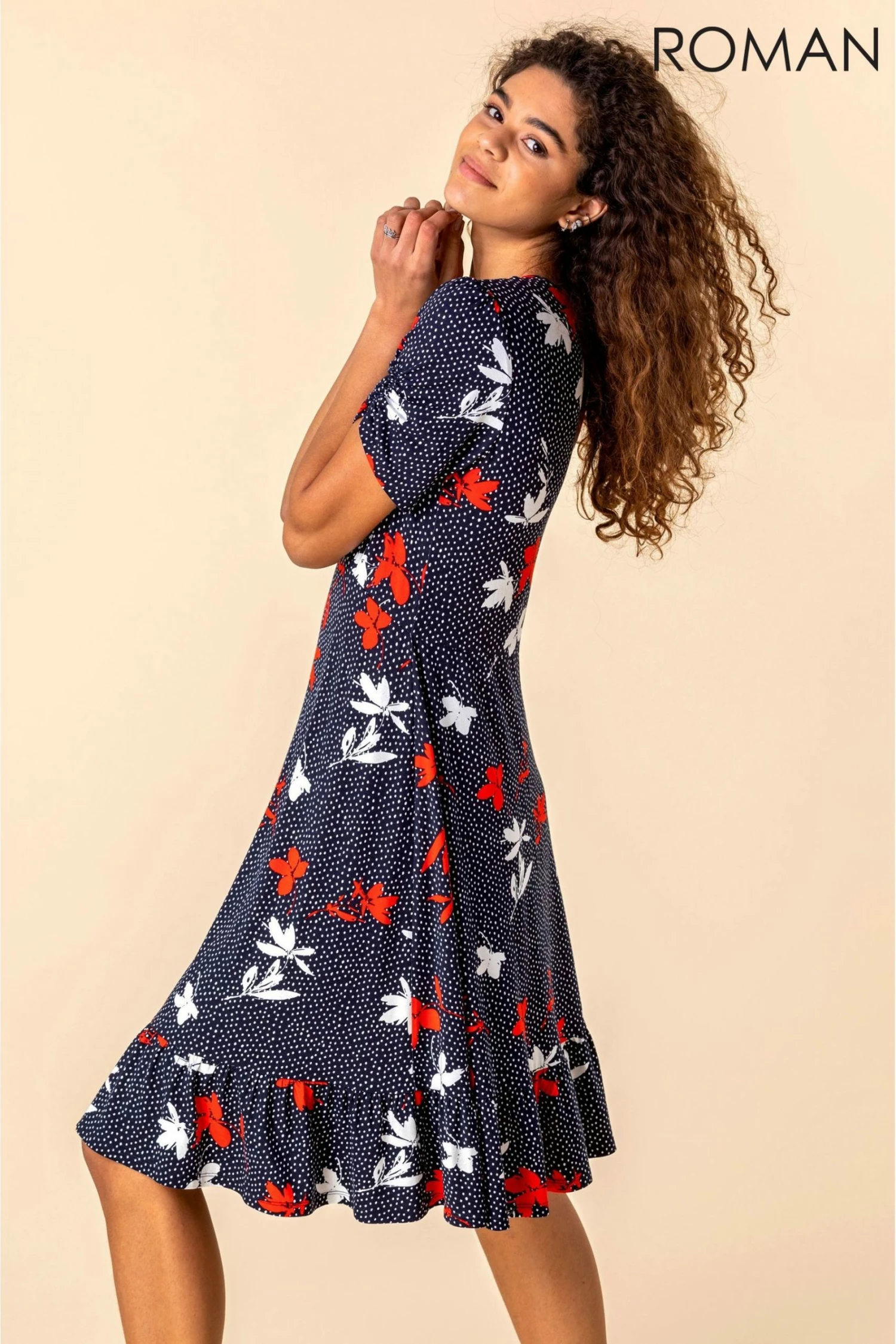 Roman Navy Floral Spot Print Frill Hem Dress 5 Roman Navy Floral Spot Print Frill Hem Dress - Image 3