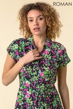 Roman Pink Contrast Floral Print Shirt Dress -Roman Sales Shop unnamed file 1512