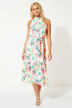 Roman Pink Tie Waist Floral Midi Dress