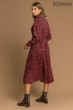 Roman Red Ditsy Print Pleated Shirt Dress -Roman Sales Shop unnamed file 1520