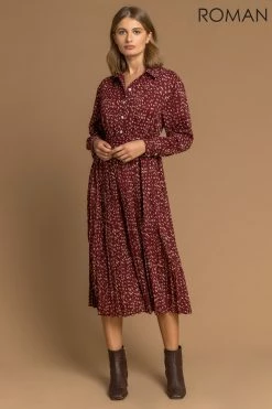 Roman Red Ditsy Print Pleated Shirt Dress -Roman Sales Shop unnamed file 1521
