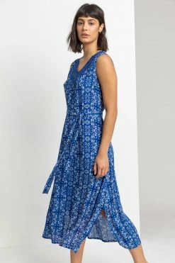 Roman Blue Geo Print Sequin Trim Midi Dress