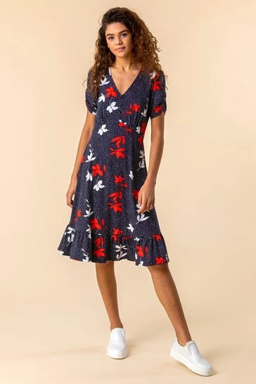 Roman Navy Floral Spot Print Frill Hem Dress 7 Roman Navy Floral Spot Print Frill Hem Dress - Image 5