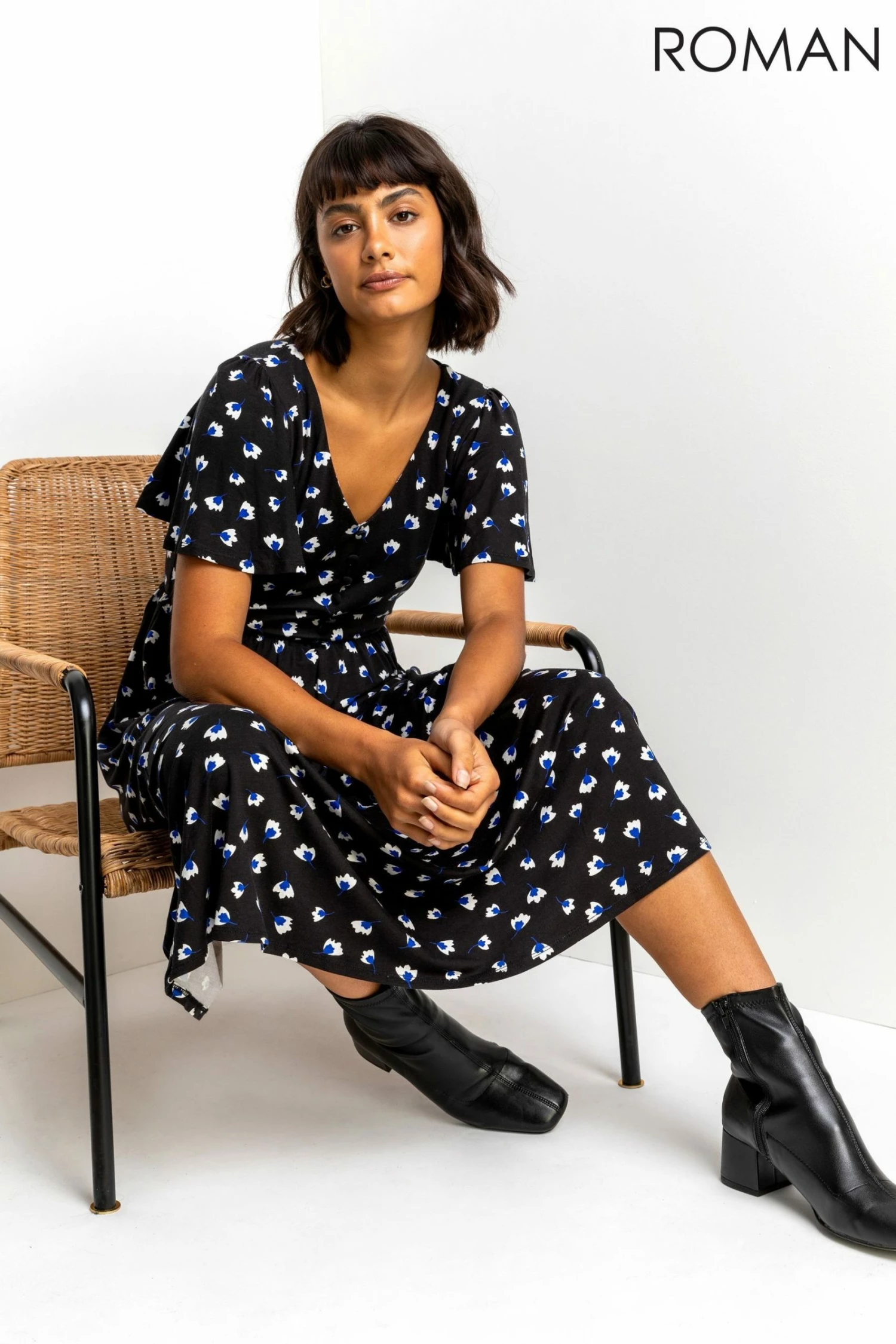 Roman Blue Button Detail Floral Tea Dress 3 Roman Blue Button Detail Floral Tea Dress