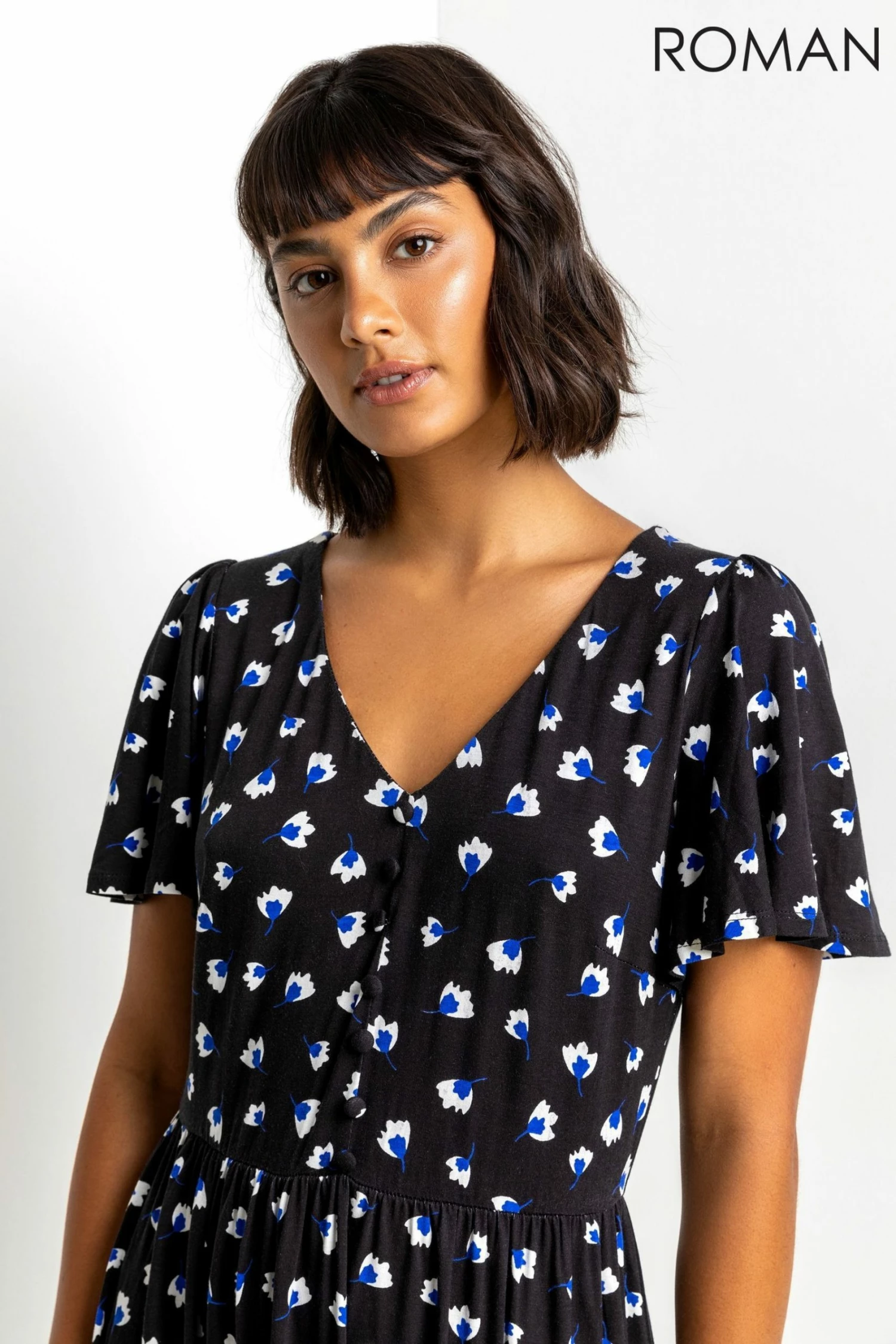 Roman Blue Button Detail Floral Tea Dress 6 Roman Blue Button Detail Floral Tea Dress - Image 4