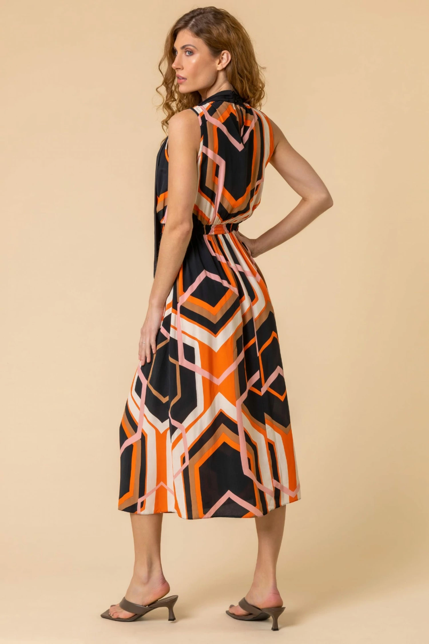 Roman Orange Geo Print Tie Neck Detail Midi Dress 4 Roman Orange Geo Print Tie Neck Detail Midi Dress - Image 2
