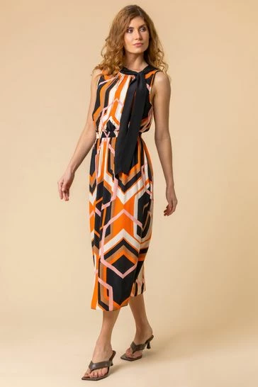 Roman Orange Geo Print Tie Neck Detail Midi Dress 7 Roman Orange Geo Print Tie Neck Detail Midi Dress - Image 5