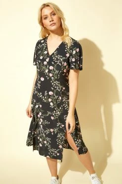 Roman Black Floral Print Midi Tea Dress