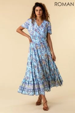 Roman Blue Button Through Floral Maxi Dress -Roman Sales Shop unnamed file 156