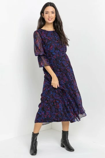 Roman Purple Butterfly Print Chiffon Midi Dress 7 Roman Purple Butterfly Print Chiffon Midi Dress - Image 5