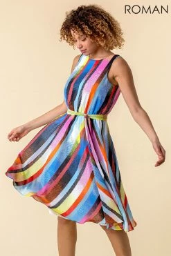 Roman Multi Rainbow Stripe Print Midi Dress -Roman Sales Shop unnamed file 1564