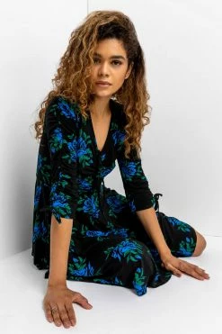 Roman Blue Floral Print Gathered Dress