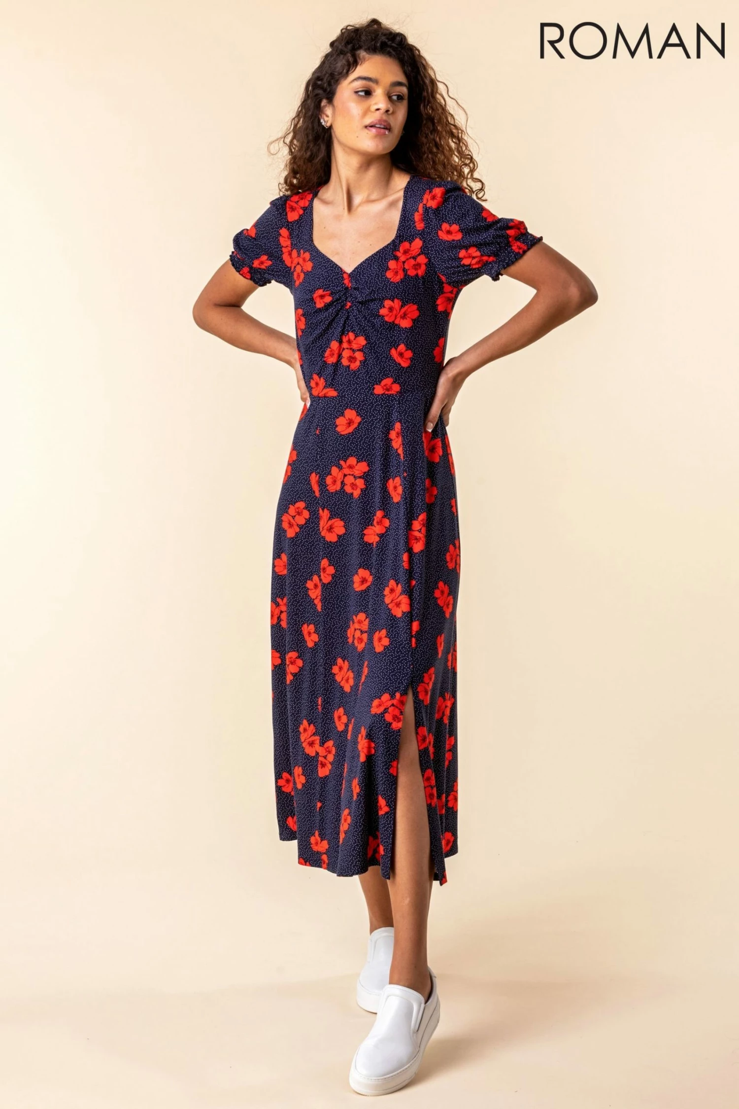 Roman Navy Floral Print Ruched Maxi Dress 3 Roman Navy Floral Print Ruched Maxi Dress