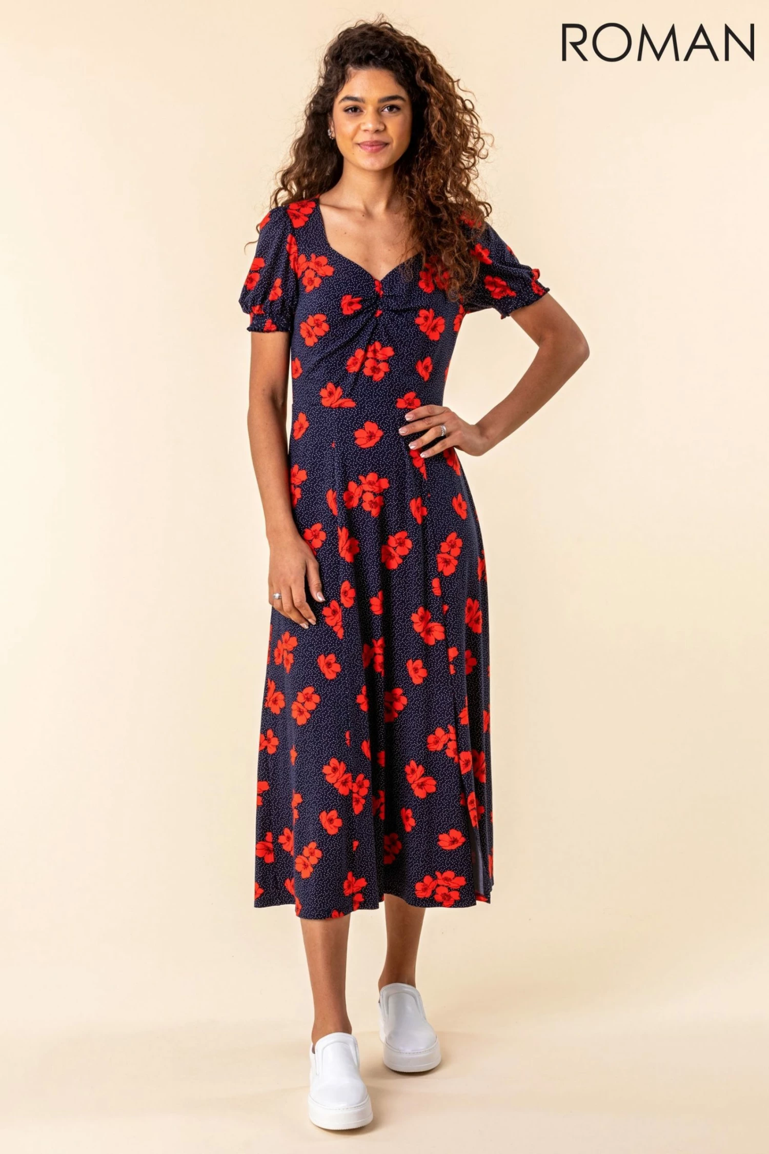 Roman Navy Floral Print Ruched Maxi Dress 5 Roman Navy Floral Print Ruched Maxi Dress - Image 3